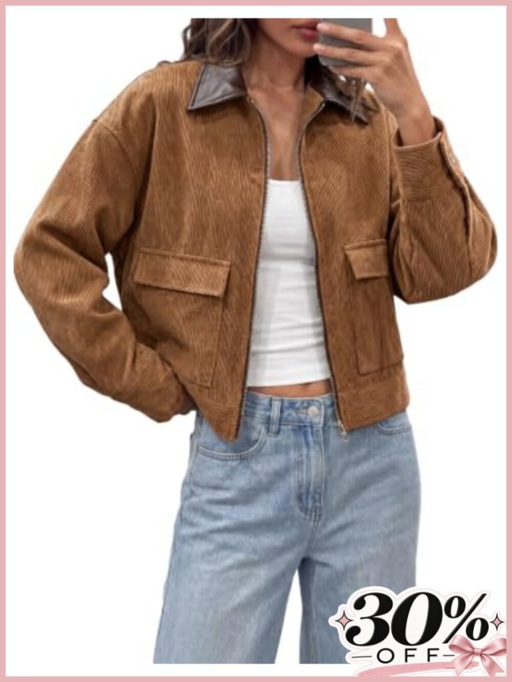 Womens Cropped Corduroy Zip Up Oversized Barn Bomber Jacket